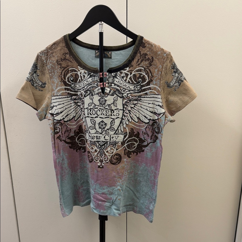 Vanilla Sugar Graphic Tee with Winged Design - Brown, Blue, Pink